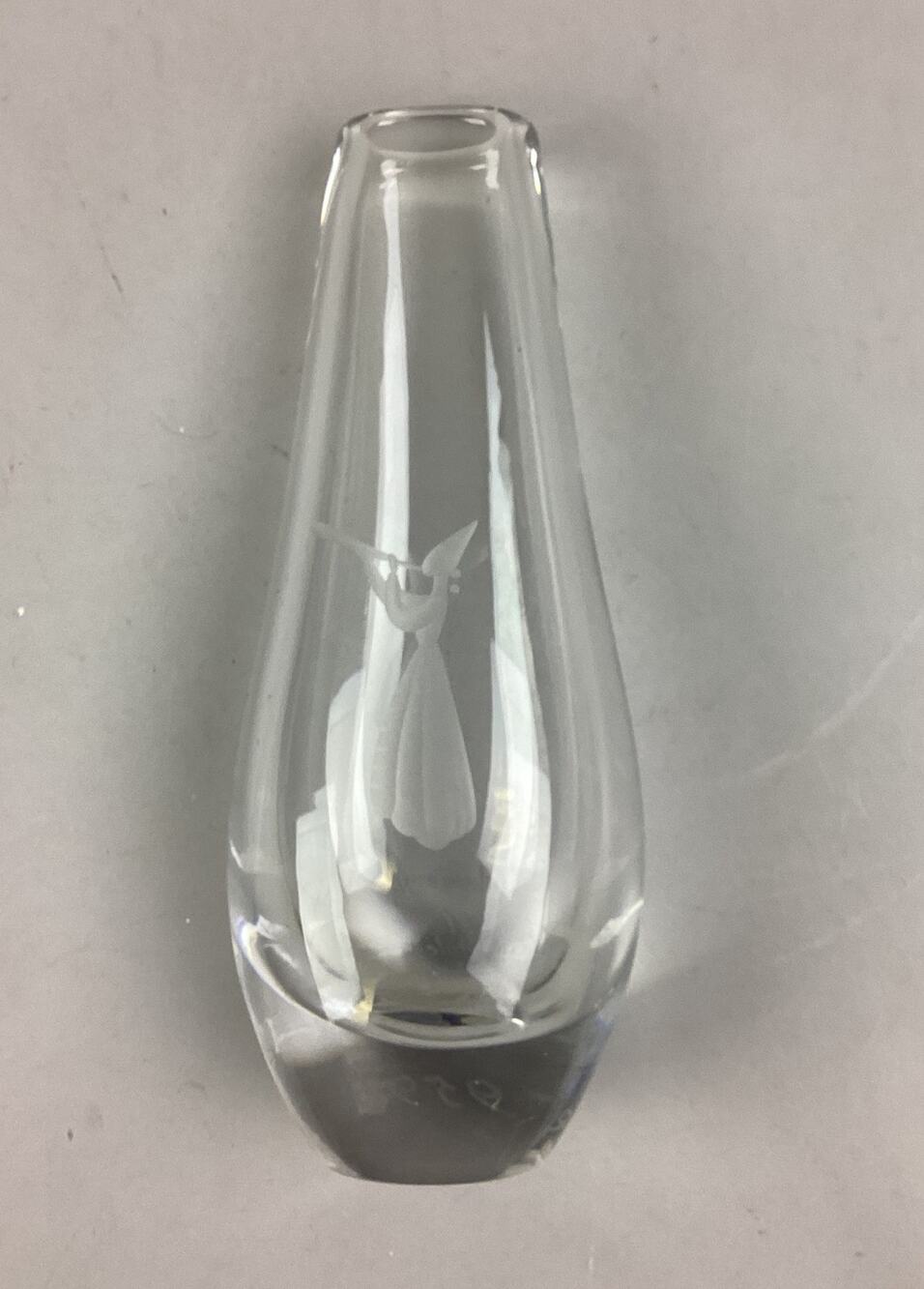 Vintage Kosta Boda Etched Glass Flower Vase - Flute Player - 8.5”